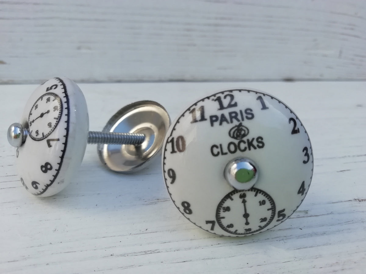 White Vintage Ceramic French Paris Clock watch Dial Knob, Ornamental Door Knob, Kitchen Cabinet Handle, Cupboard Knob or Drawer Pull