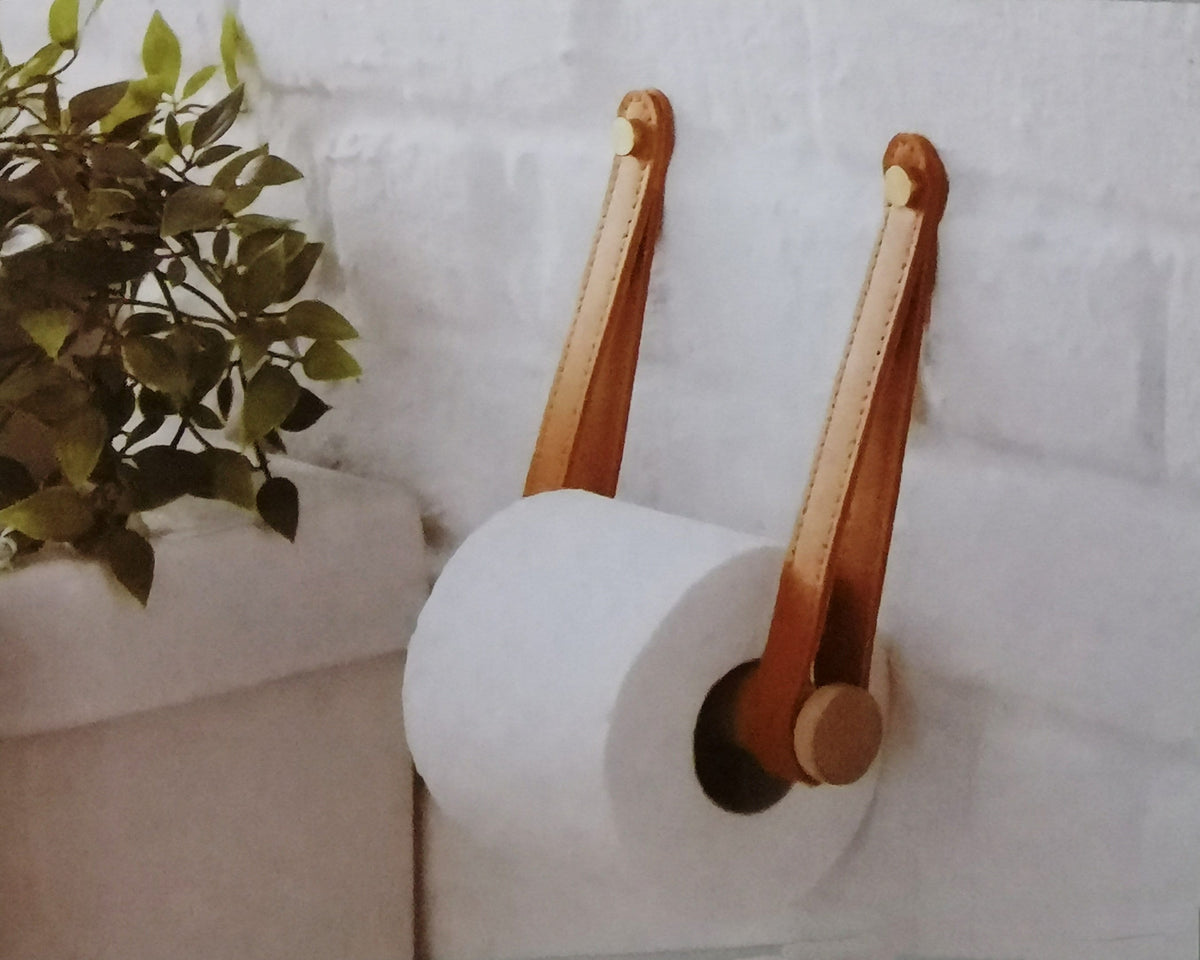 Scandinavian style Brown leatherette and wood toilet loo roll paper holder wall mounted, bathroom decor