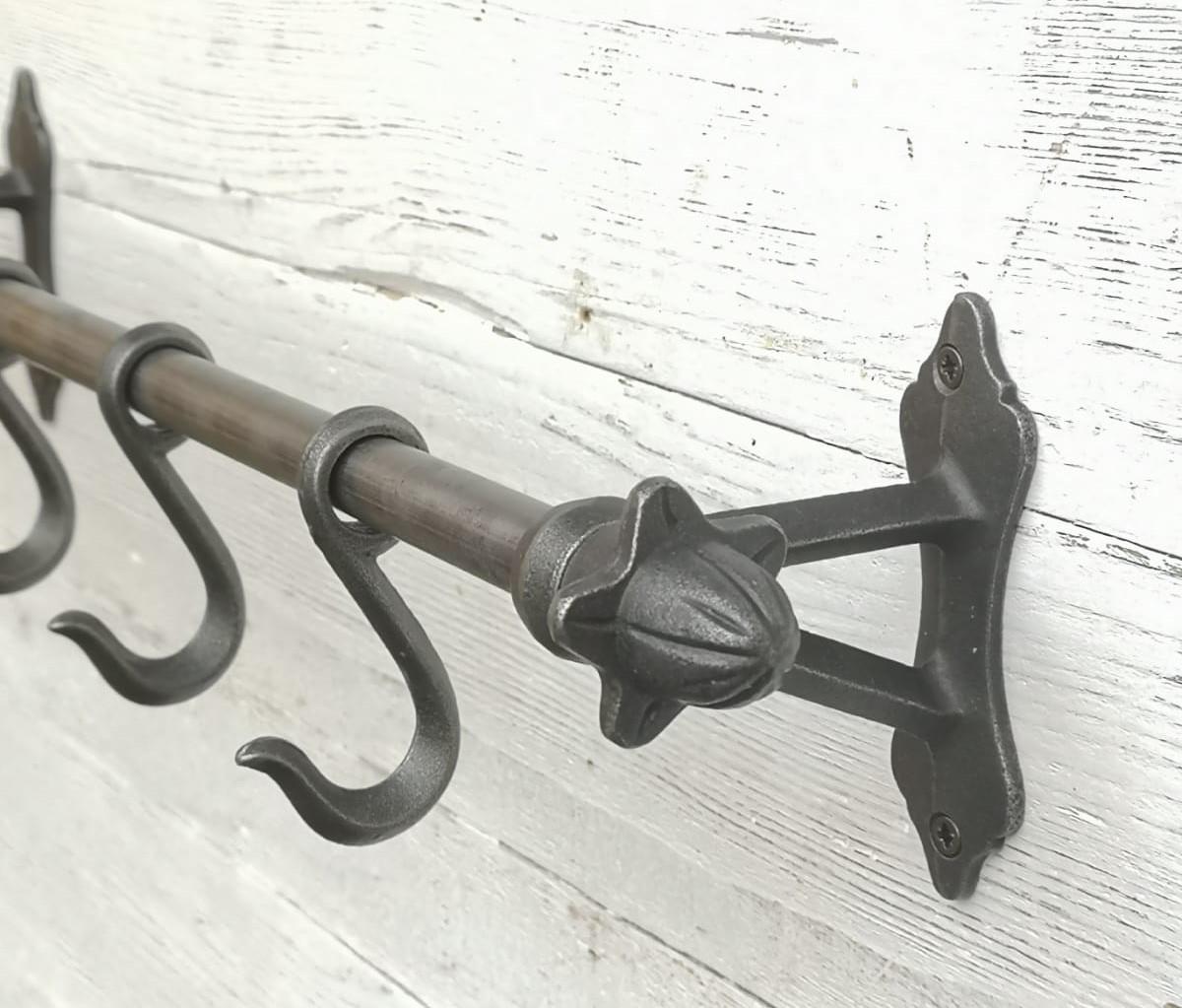 Kitchen utensils pipe hook rail rack with finial ends wall mounted with 4 kitchen sliding hooks, pots/pans