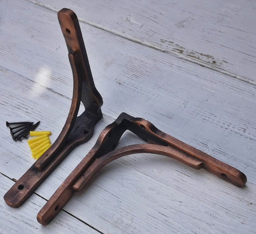 Pair of two SINGER CORP Antique Copper Ornate Victorian scroll Cast Iron book shelf Wall Bracket Support