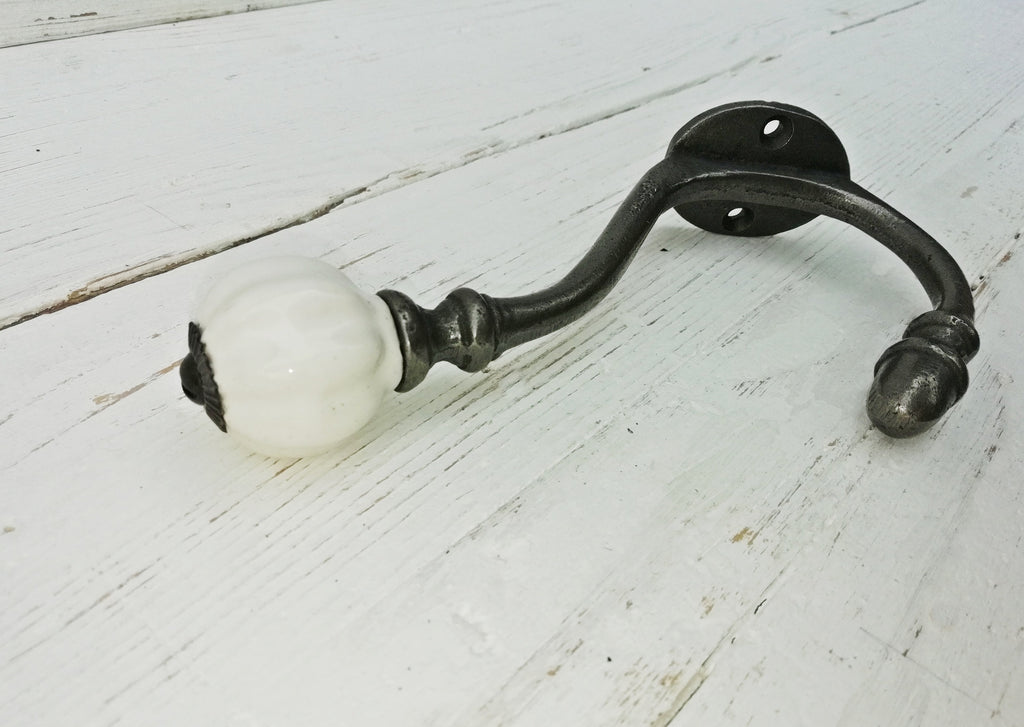 Coat Hook ALBANY Acorn style tip and Off-White Ceramic Shell Tip antique 6″