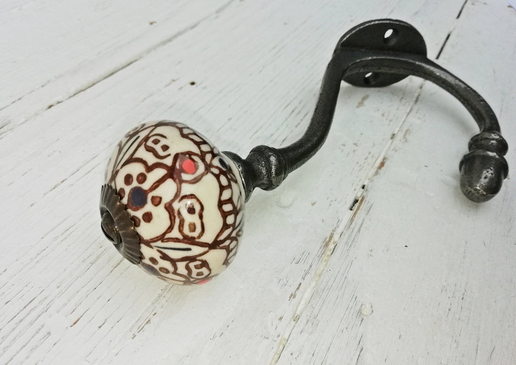 Coat Hook ALBANY Acorn style tip and Patterned Ceramic Shell Tip antique 6″
