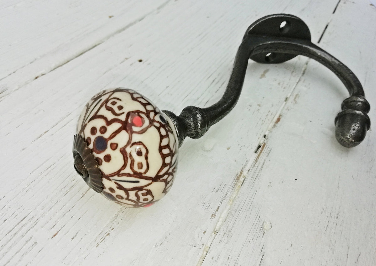 Coat Hook ALBANY Acorn style tip and Patterned Ceramic Shell Tip antique 6″