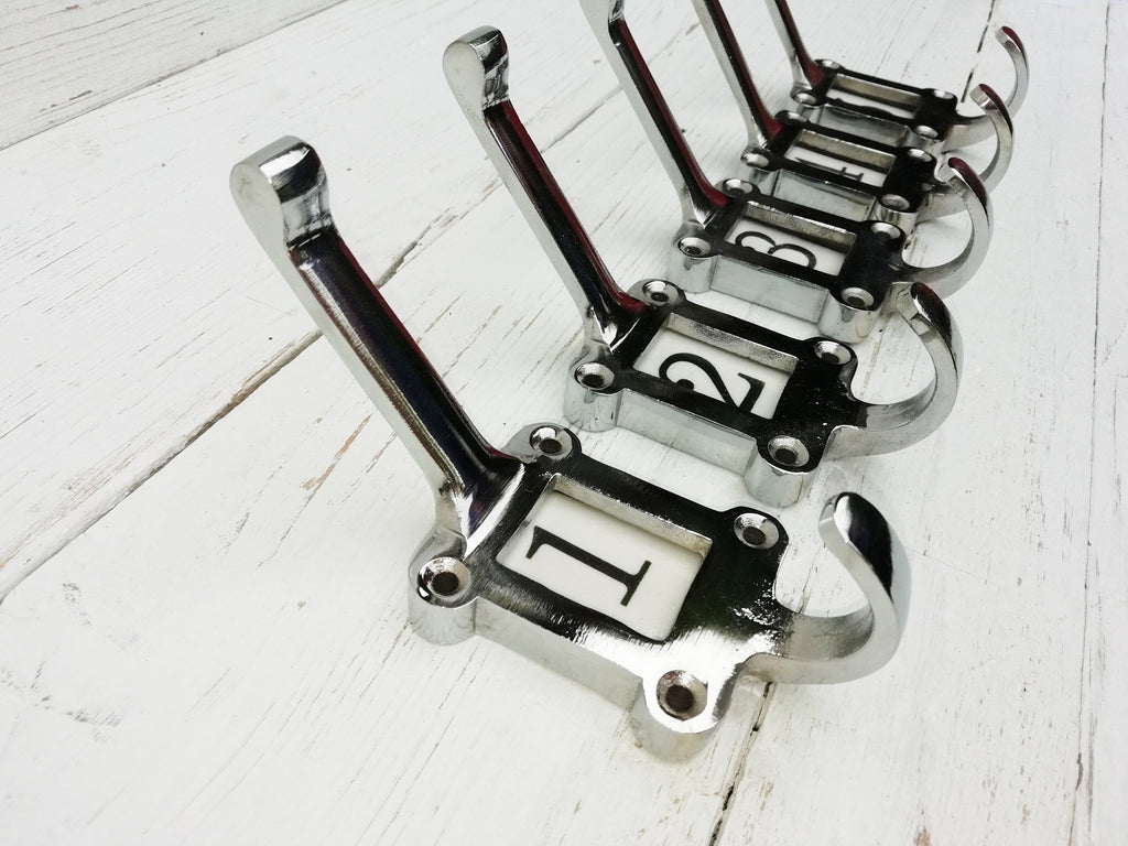 CHROME on Cast Iron hooks Locker hooks, Ceramic insert tiles, School/Cloakroom hooks antique, vintage A-Z 0-10 Numbers, Letters and Symbols