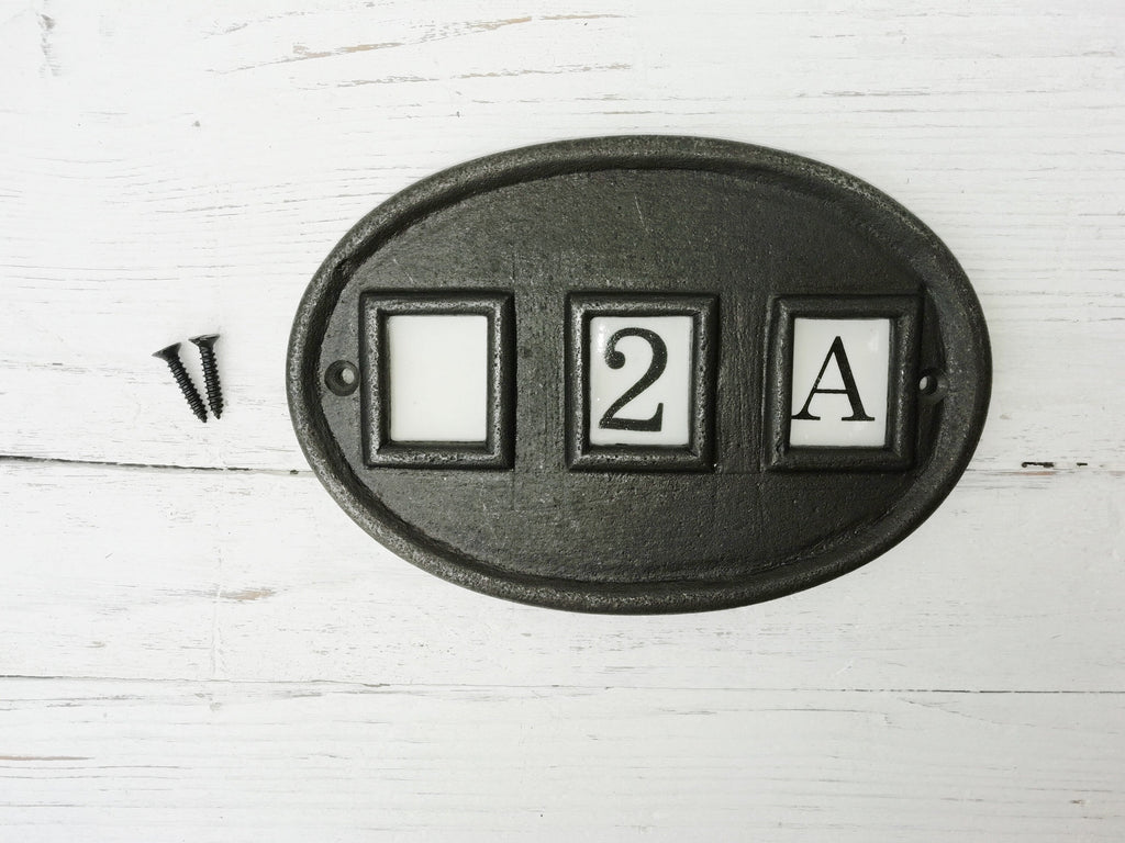 DOOR NUMBER Oval Cast antique iron and Ceramic tile Number/Letter House Number Plaque Sign 15cm x 10.2cm Landscape