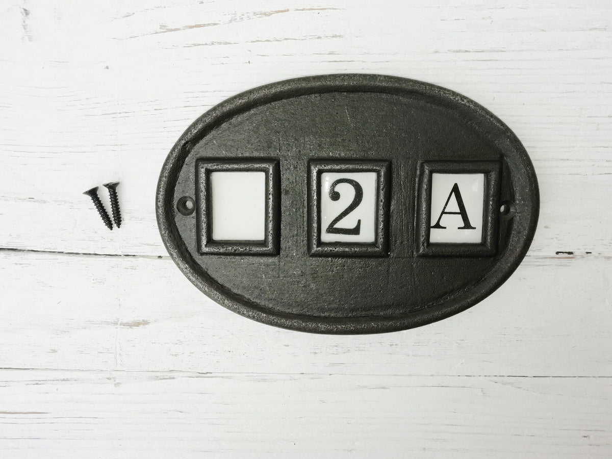 DOOR NUMBER Oval Cast antique iron and Ceramic tile Number/Letter House Number Plaque Sign 15cm x 10.2cm Landscape