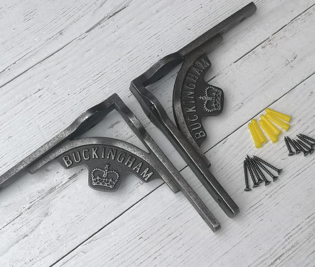 a pair (set of 2) ROYAL Shelf Bracket GALLOWS Rad Lugs BUCKINGHAM palace crown Antique Iron brackets - available in 2 sizes