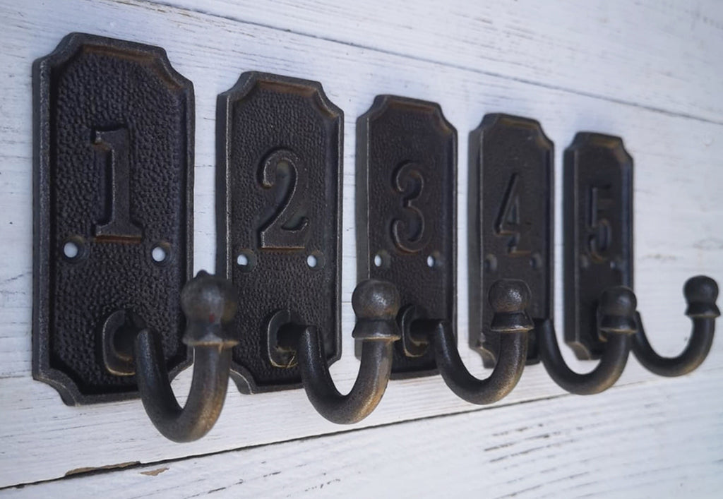 SET of 5 Retro Numbered Coat Hook Cast Iron in a Retro Antique Finish, No 1 - 5 antique iron finish