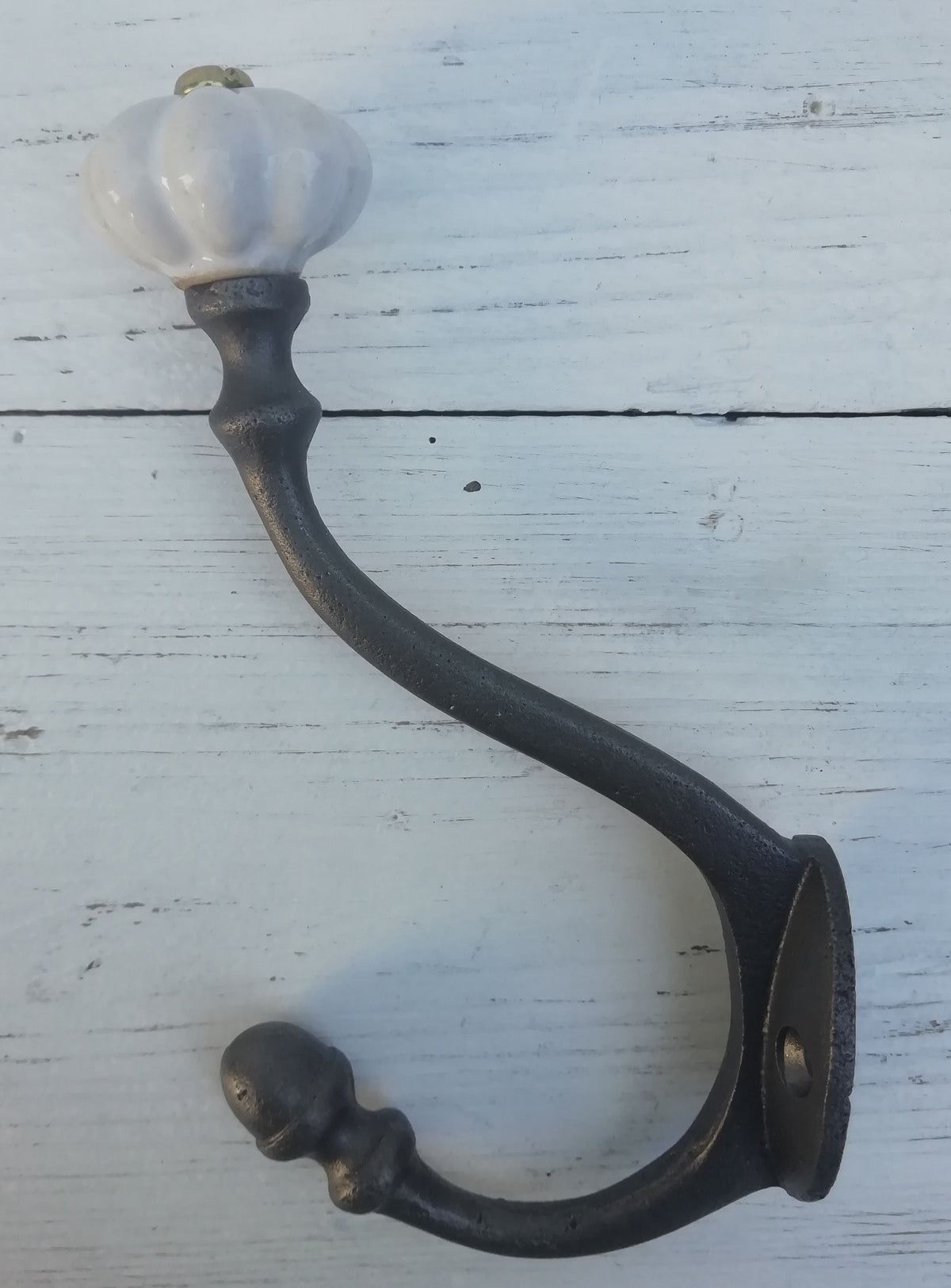 Large Acorn and White Ceramic Shell tip hook 150mm/6'' - Retro Antique Finish Cast antique Iron