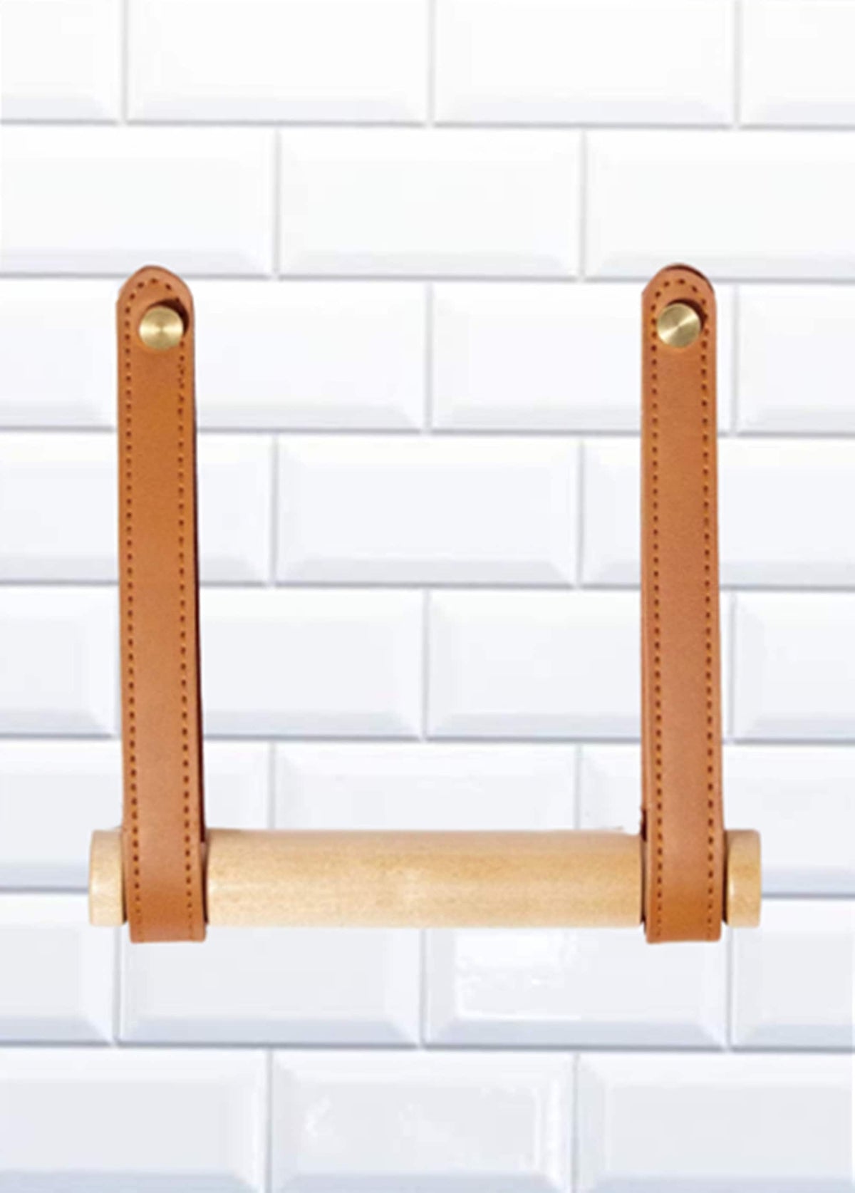 Scandinavian style Brown leatherette and wood toilet loo roll paper holder wall mounted, bathroom decor