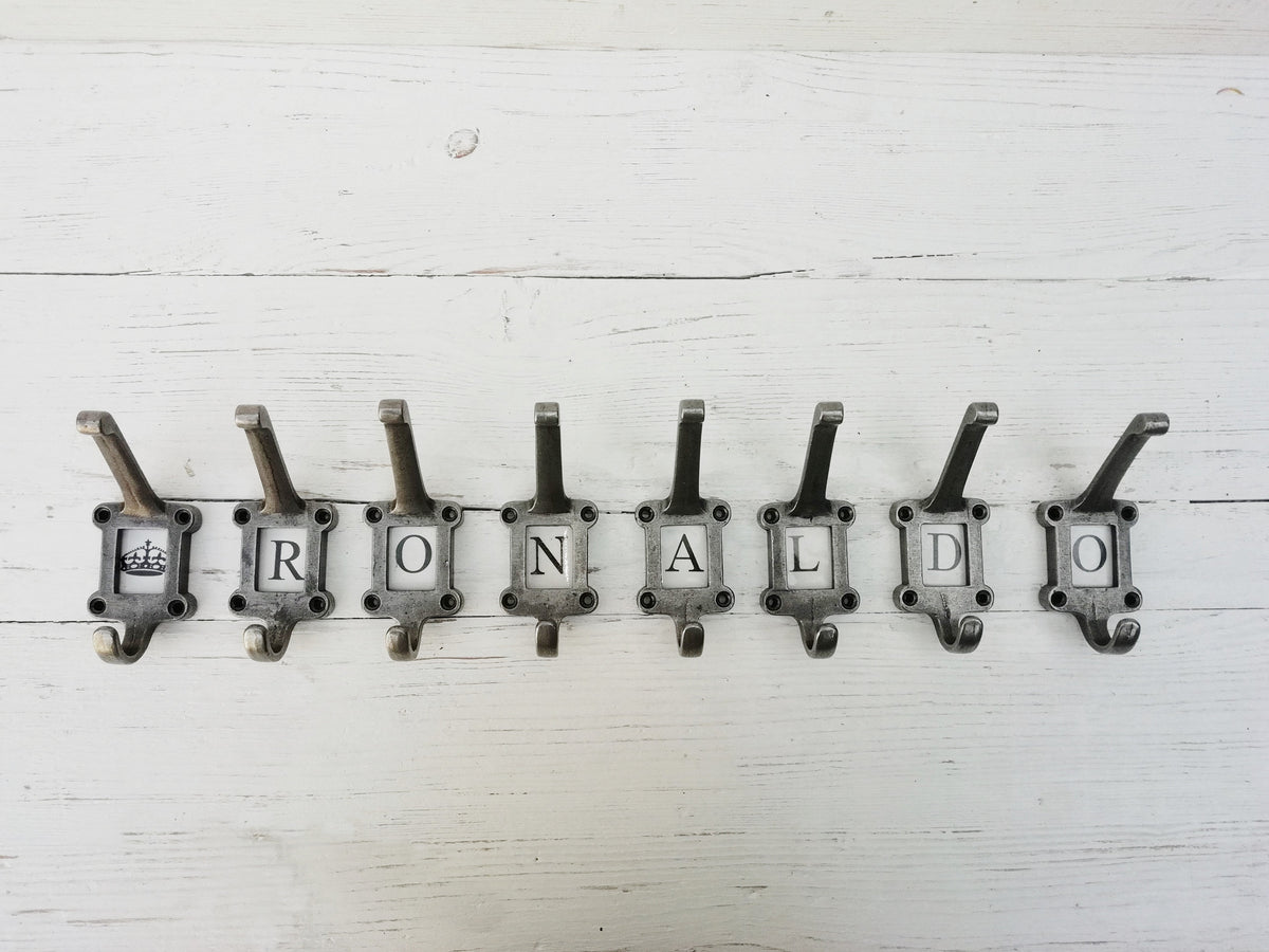 CHROME on Cast Iron hooks Locker hooks, Ceramic insert tiles, School/Cloakroom hooks antique, vintage A-Z 0-10 Numbers, Letters and Symbols