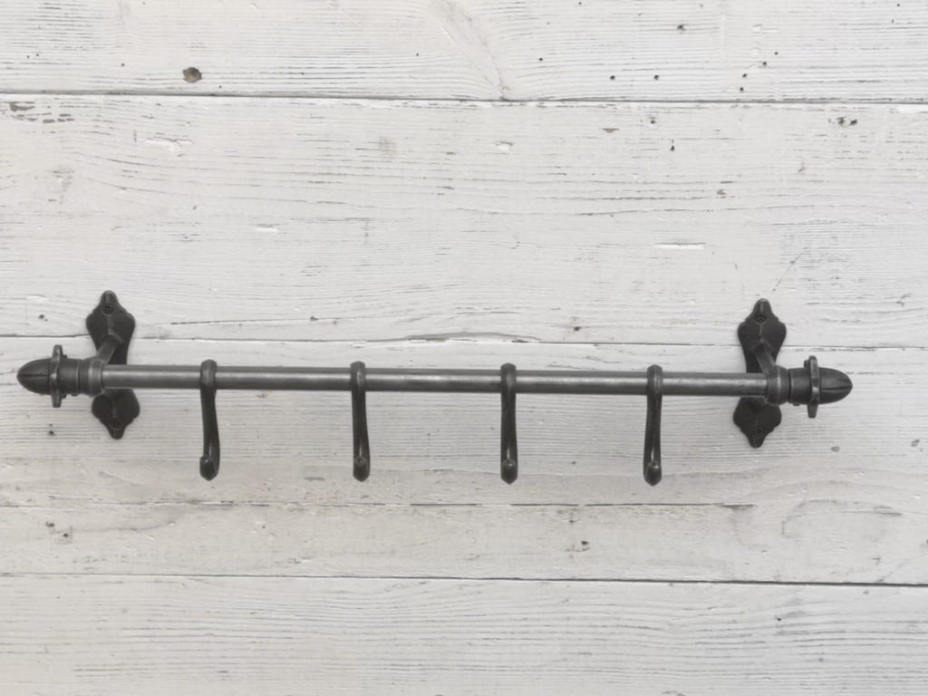 Kitchen utensils pipe hook rail rack with finial ends wall mounted with 4 kitchen sliding hooks, pots/pans