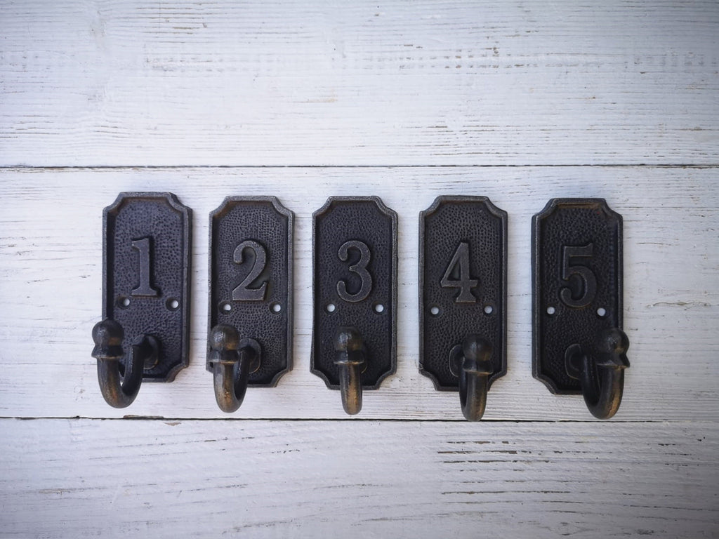 SET of 5 Retro Numbered Coat Hook Cast Iron in a Retro Antique Finish, No 1 - 5 antique iron finish