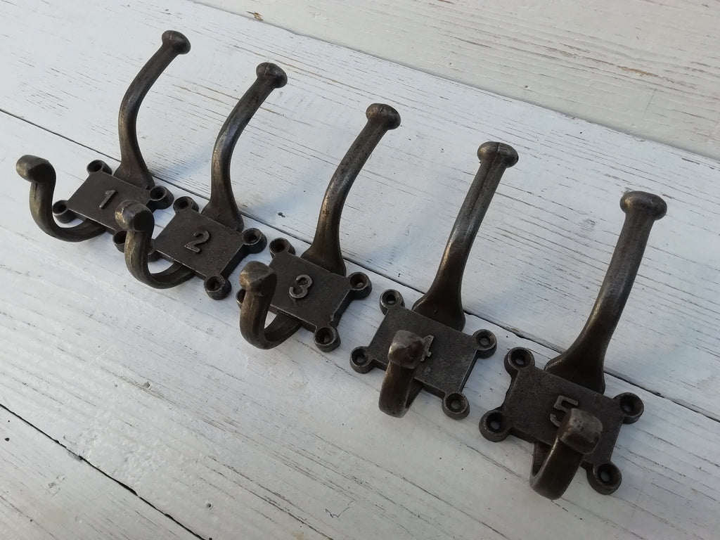 SET of 5 Retro Numbered Double Coat Hook Cast Iron in a Retro Antique Finish, No 1 - 5