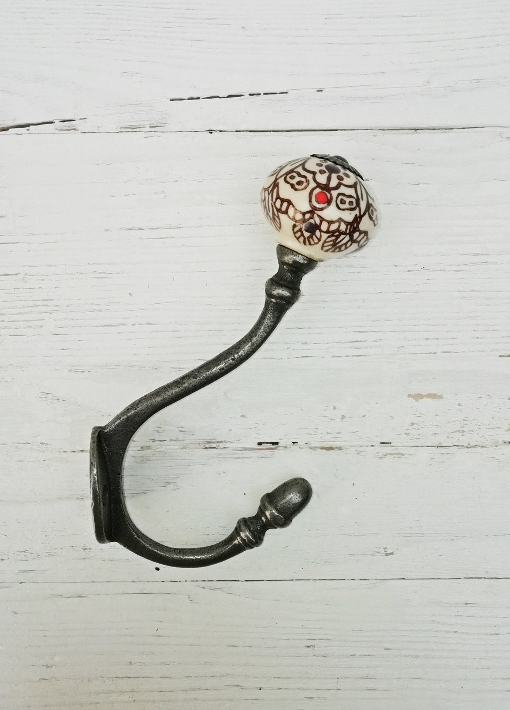Coat Hook ALBANY Acorn style tip and Patterned Ceramic Shell Tip antique 6″