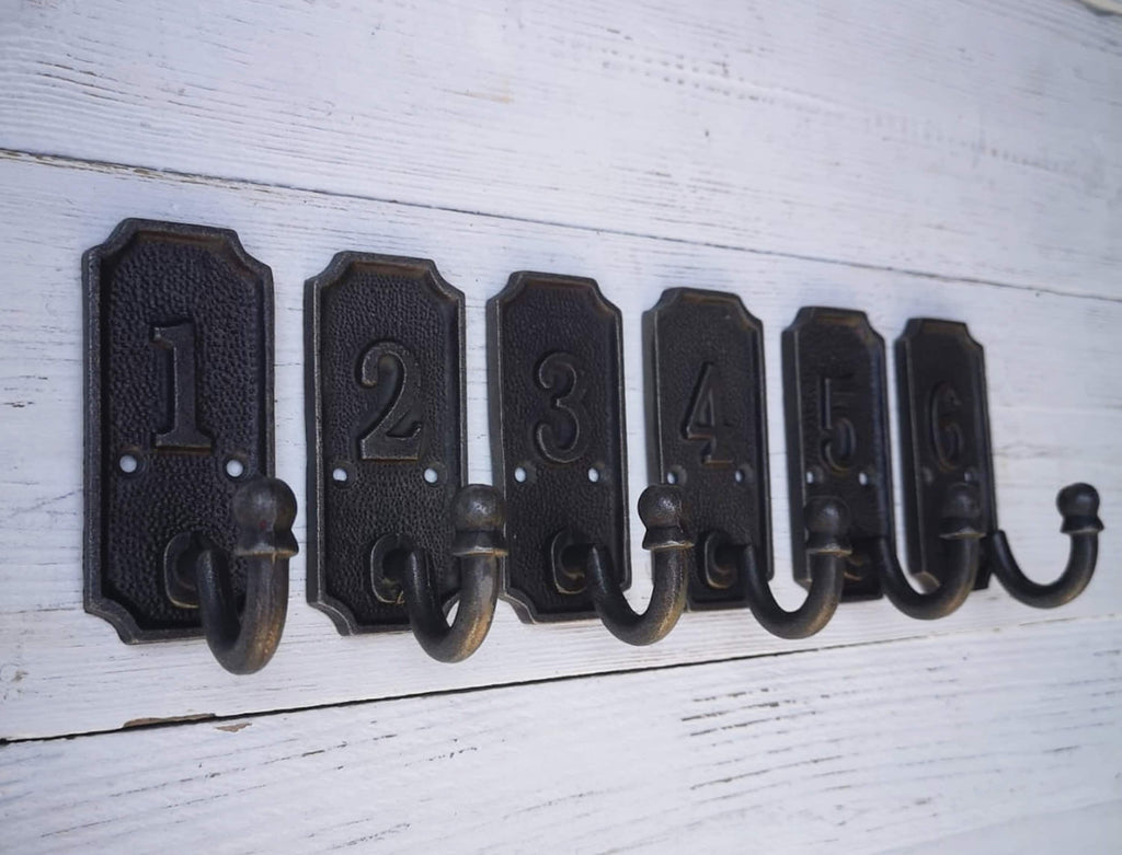 SET of 6 Retro Numbered Coat Hook Cast Iron in a Retro Antique Finish, No 1 - 6 antique iron finish