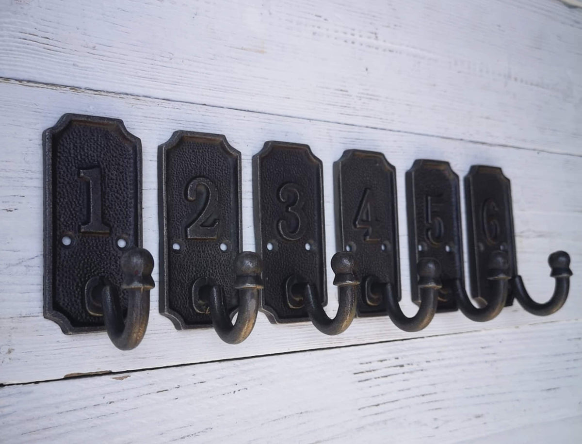 SET of 6 Retro Numbered Coat Hook Cast Iron in a Retro Antique Finish, No 1 - 6 antique iron finish