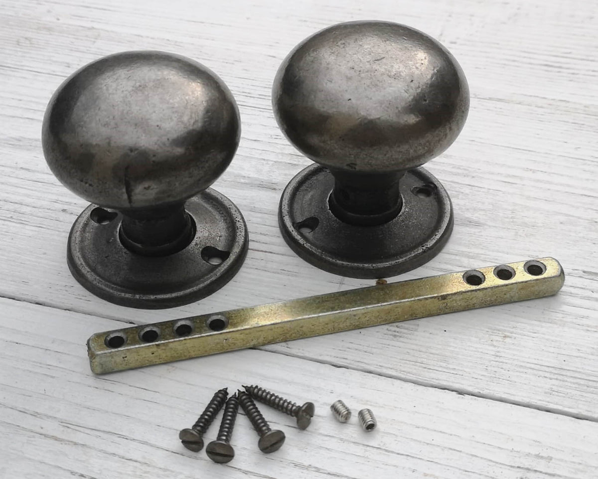 Victorian Cottage Bun Door Knob Cast Iron Antique Iron 50mm Diameter Old Period Traditional Mortice Rim Lock Handles Sold as Pair