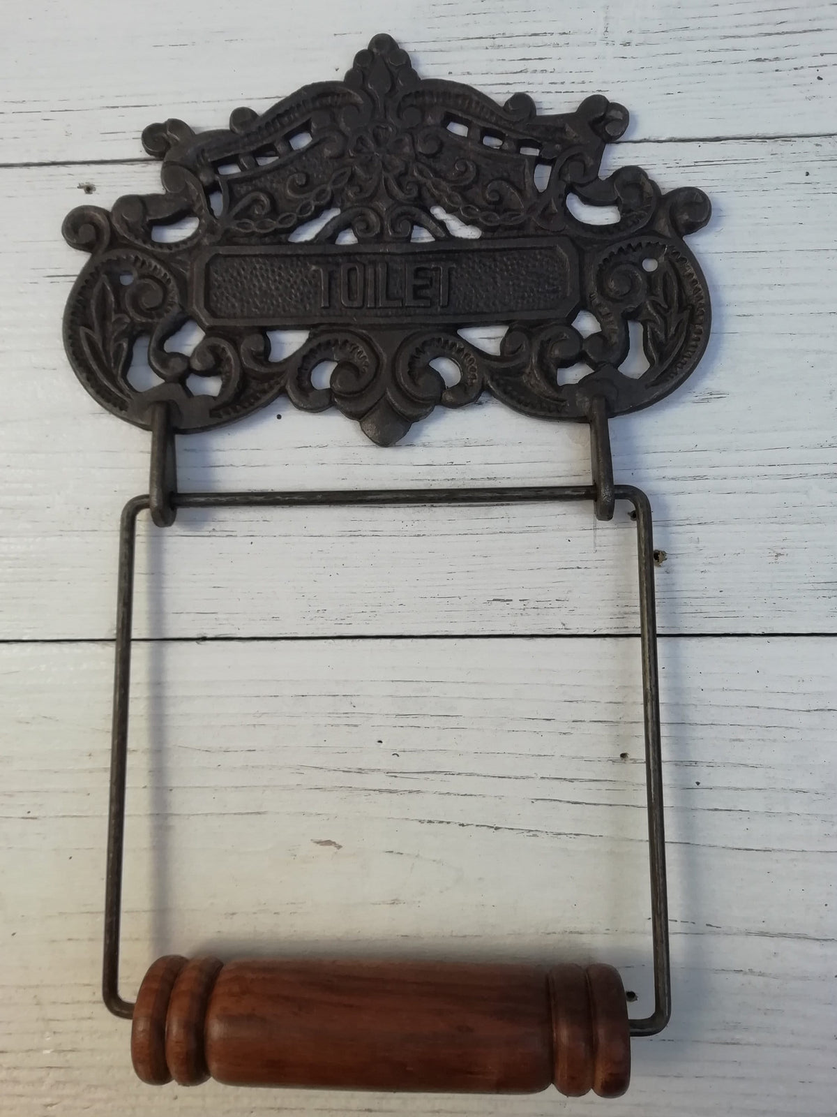 Toilet Roll Holder 'TOILET' antique Iron Wire & Wood, Rustic/Vintage Decor, Bathroom Decor, Loo Roll Holder