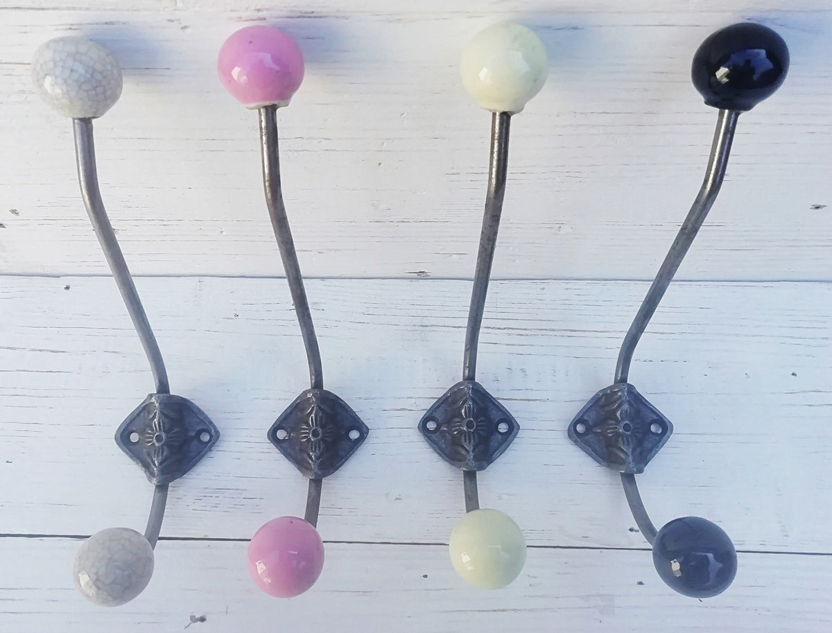 Ceramic Ball tip Hat & Coat Hook Large Rosette Double Pink/white/black/cracked cream