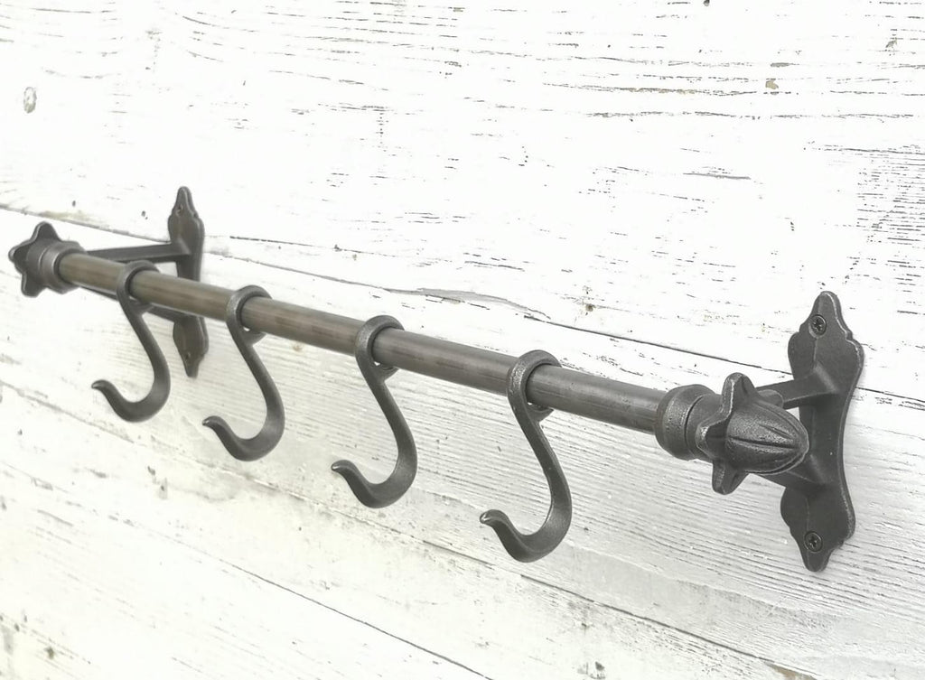 Kitchen utensils pipe hook rail rack with finial ends wall mounted with 4 kitchen sliding hooks, pots/pans