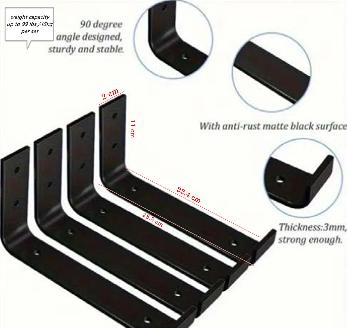 2 x Black wrought Iron wall shelf brackets /supports L-SHAPE UTILITY Heavy-Duty LIPPED design Industrial style, suitable for scaffold boards