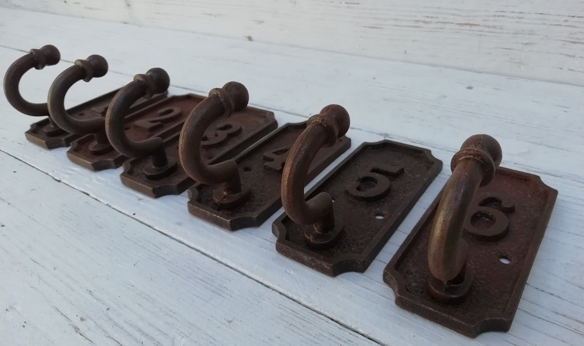 SET of 6 Retro Numbered Coat Hook Cast Iron in a Retro Antique Finish, No 1 - 6 rust