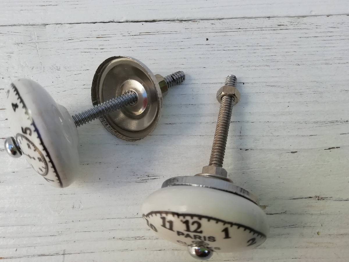 White Vintage Ceramic French Paris Clock watch Dial Knob, Ornamental Door Knob, Kitchen Cabinet Handle, Cupboard Knob or Drawer Pull