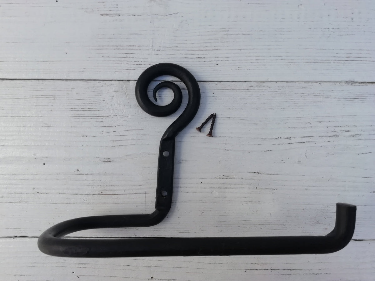 Epoxy BLACK Toilet Roll Holder Curly Tail Hand-Forged antique Iron 150mm Rustic/Vintage Decor, Bathroom Decor, Loo Roll Holder