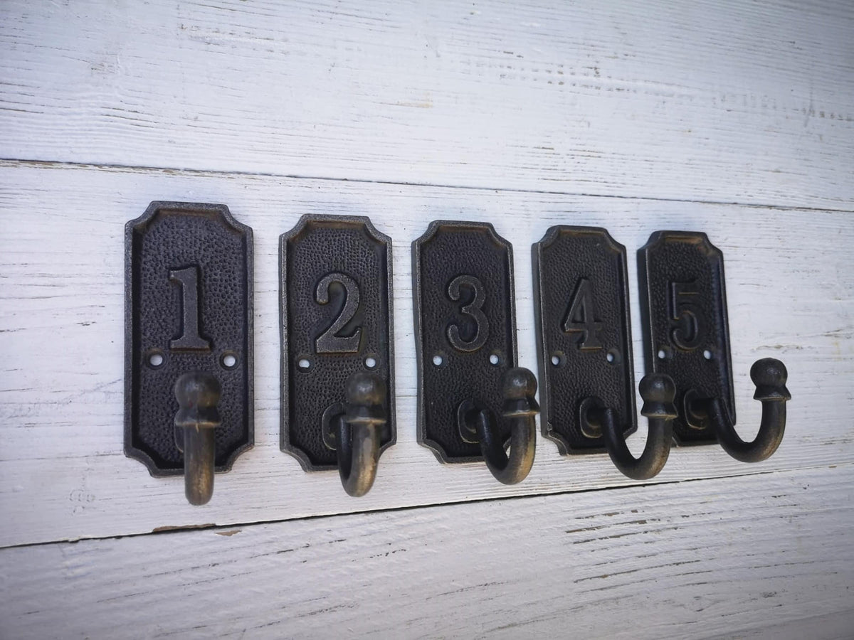 SET of 5 Retro Numbered Coat Hook Cast Iron in a Retro Antique Finish, No 1 - 5 antique iron finish