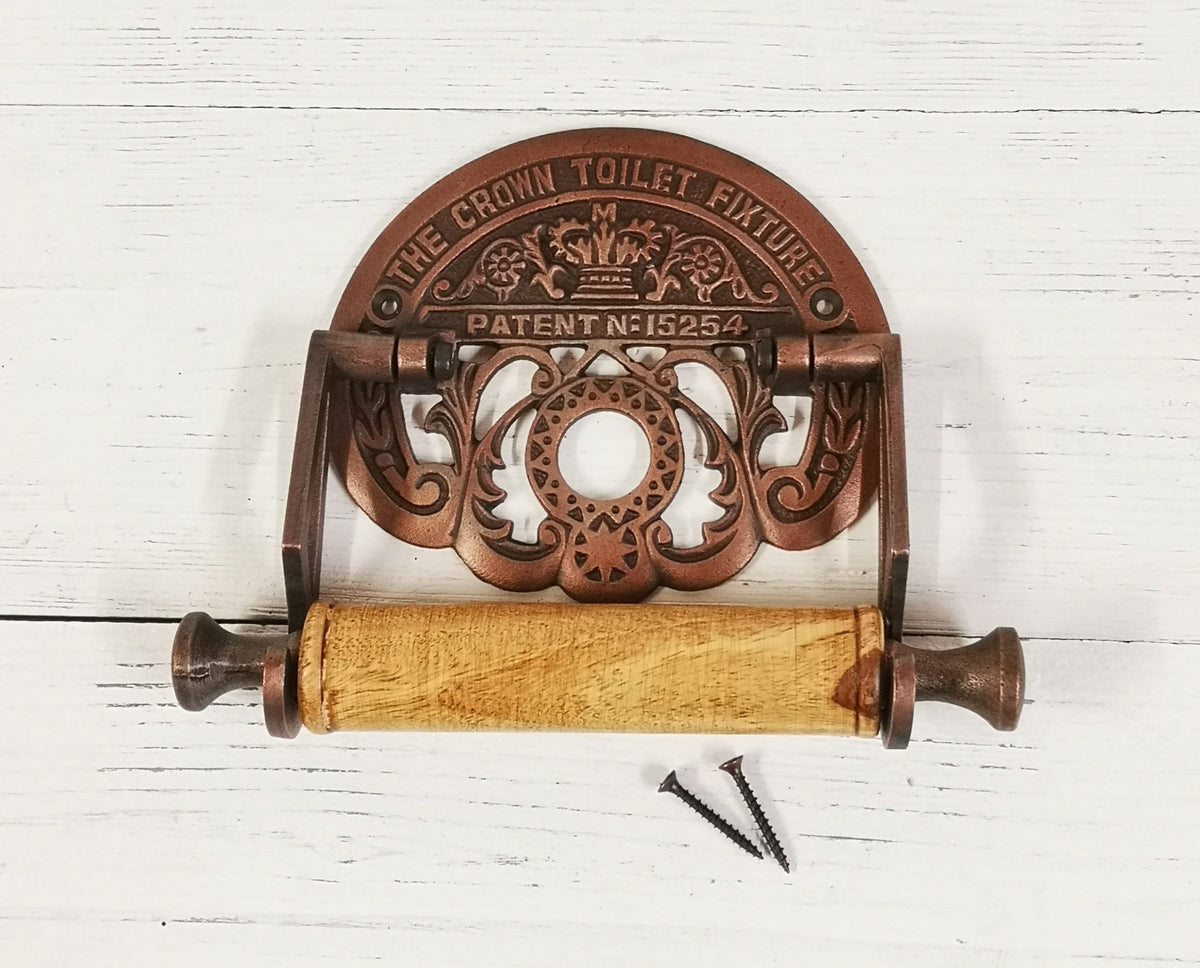 Toilet Roll Holder THE CROWN Toilet Fixture antique COPPER & Wood, Rustic/Vintage Decor, Bathroom Decor, Loo Roll Holder