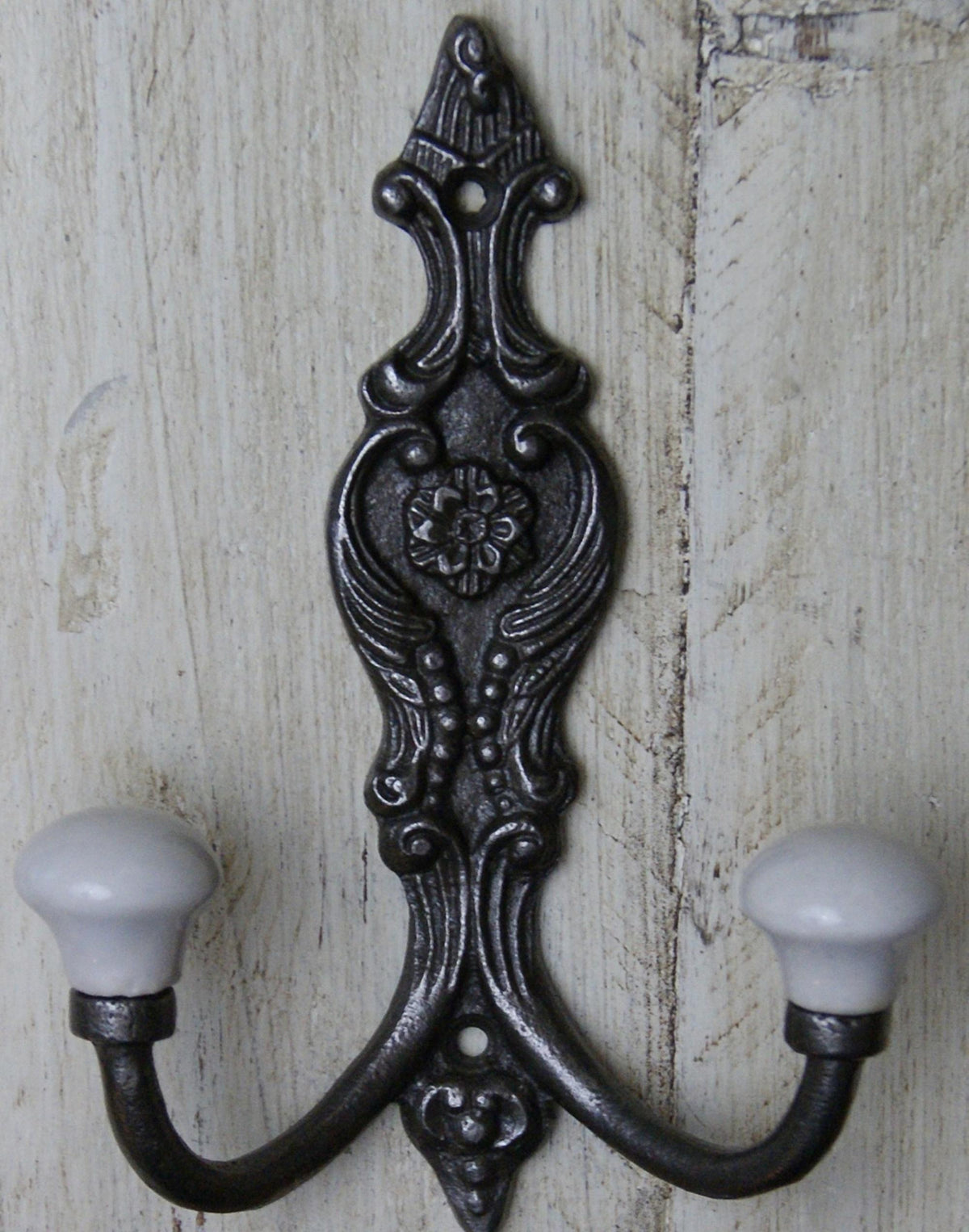 Cast antique Iron French Style Double White ceramic tip Coat Hook - Retro Antique Finish Cast antique Iron