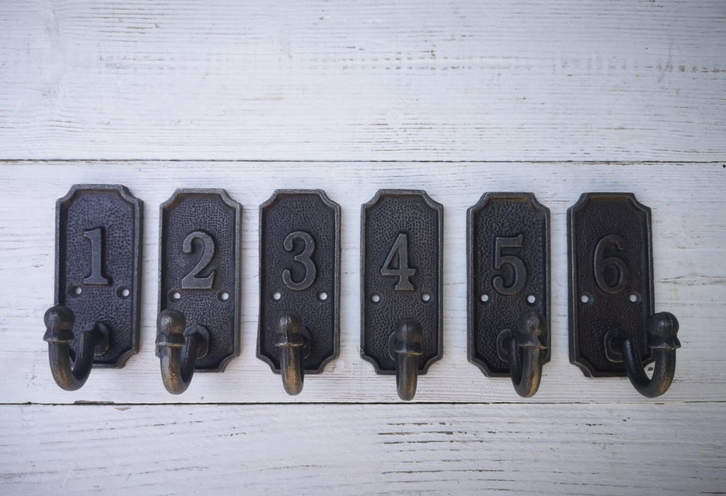 SET of 6 Retro Numbered Coat Hook Cast Iron in a Retro Antique Finish, No 1 - 6 antique iron finish