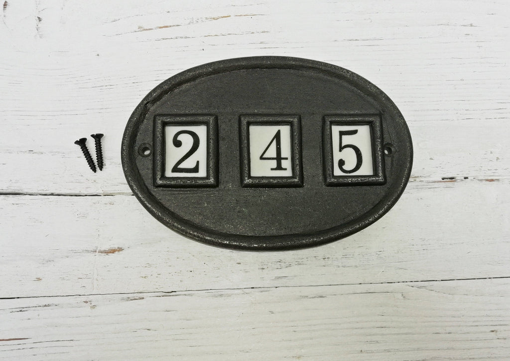 DOOR NUMBER Oval Cast antique iron and Ceramic tile Number/Letter House Number Plaque Sign 15cm x 10.2cm Landscape