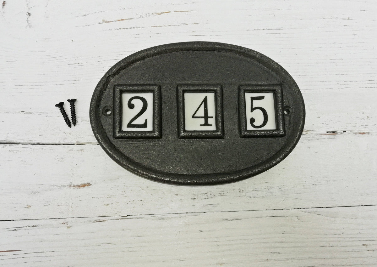 DOOR NUMBER Oval Cast antique iron and Ceramic tile Number/Letter House Number Plaque Sign 15cm x 10.2cm Landscape