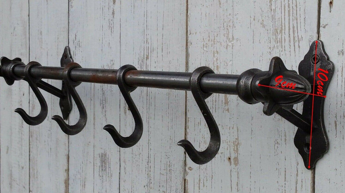 Kitchen utensils pipe hook rail rack with finial ends wall mounted with 4 kitchen sliding hooks, pots/pans