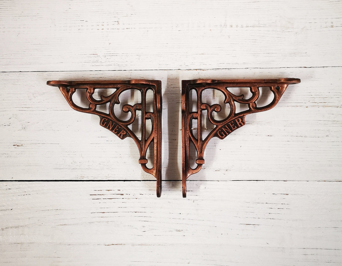 2pcs (a pair) GNER Antique Copper Ornate Victorian scroll Cast Iron book shelf Wall Bracket Support