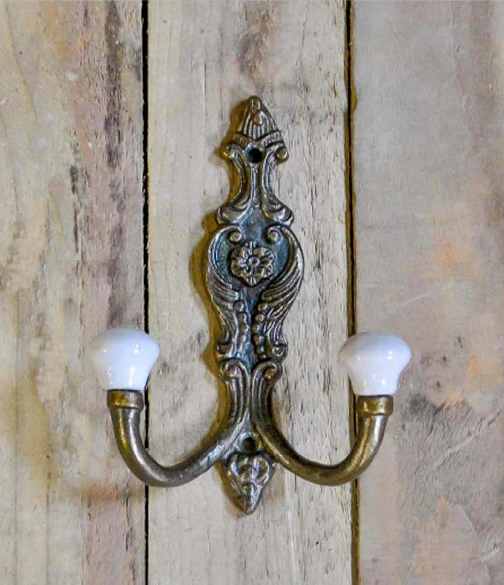Cast antique BRASS finish French Style Double White ceramic tip Coat Hook - Retro Antique Finish