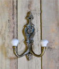 Cast antique BRASS finish French Style Double White ceramic tip Coat Hook - Retro Antique Finish