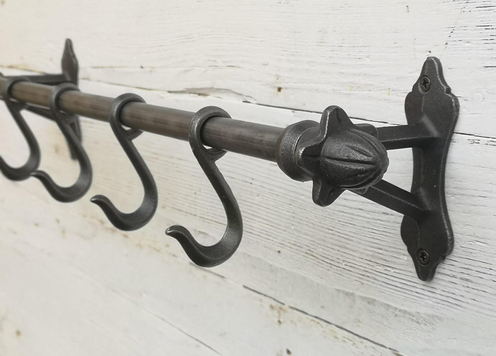 Kitchen utensils pipe hook rail rack with finial ends wall mounted with 4 kitchen sliding hooks, pots/pans