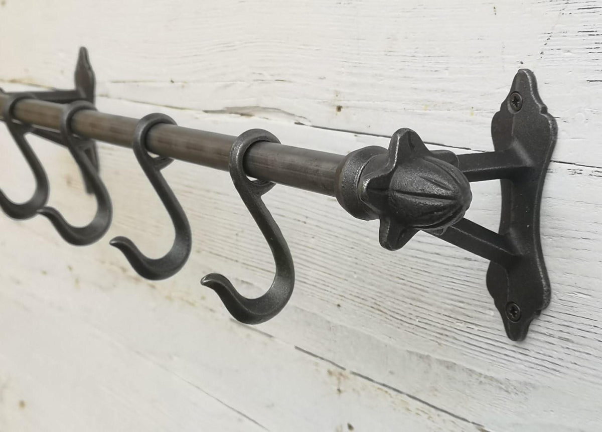 Kitchen utensils pipe hook rail rack with finial ends wall mounted with 4 kitchen sliding hooks, pots/pans