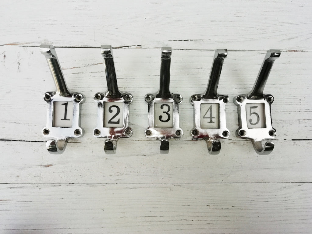 CHROME on Cast Iron hooks Locker hooks, Ceramic insert tiles, School/Cloakroom hooks antique, vintage A-Z 0-10 Numbers, Letters and Symbols