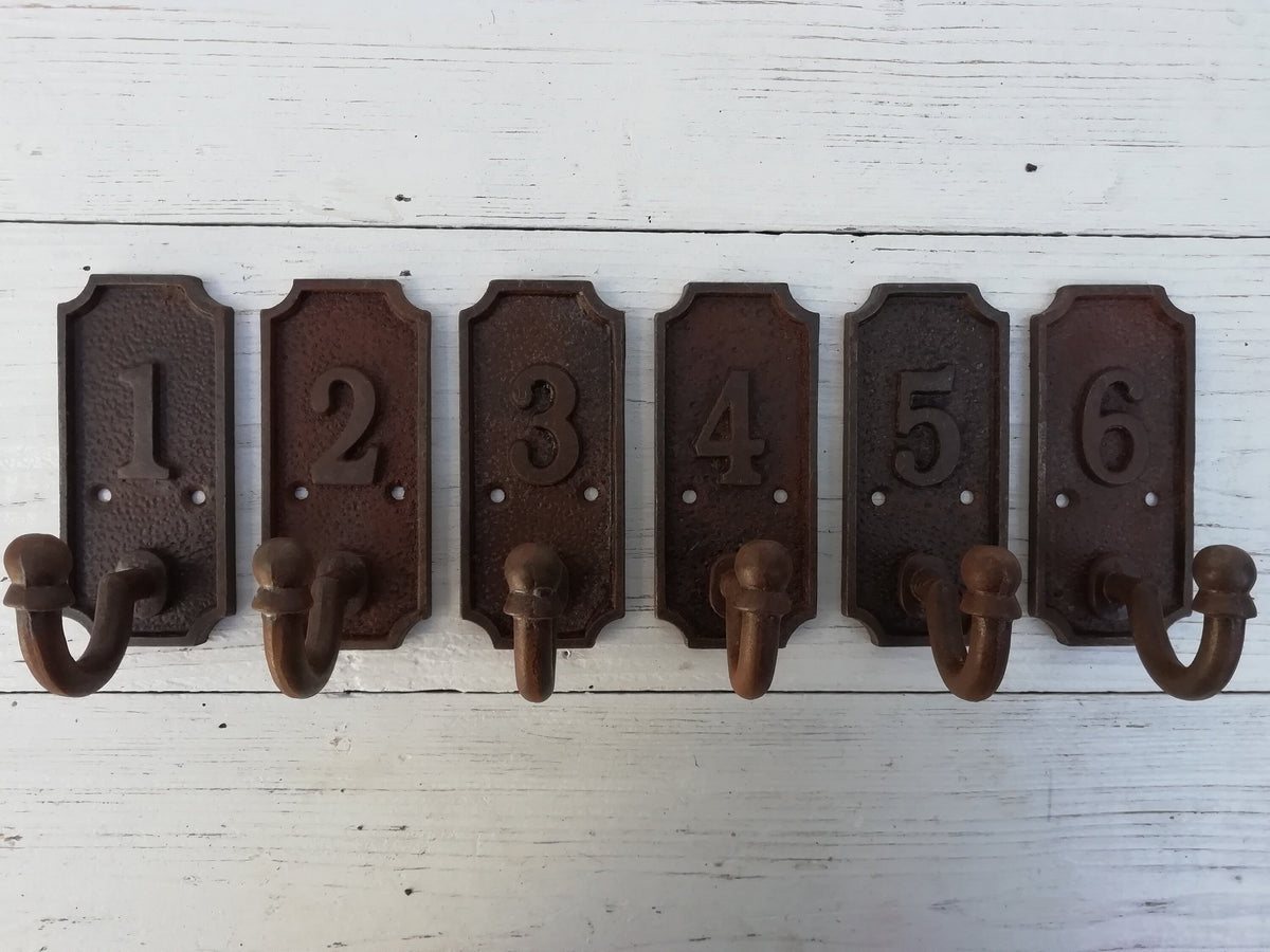 SET of 6 Retro Numbered Coat Hook Cast Iron in a Retro Antique Finish, No 1 - 6 rust