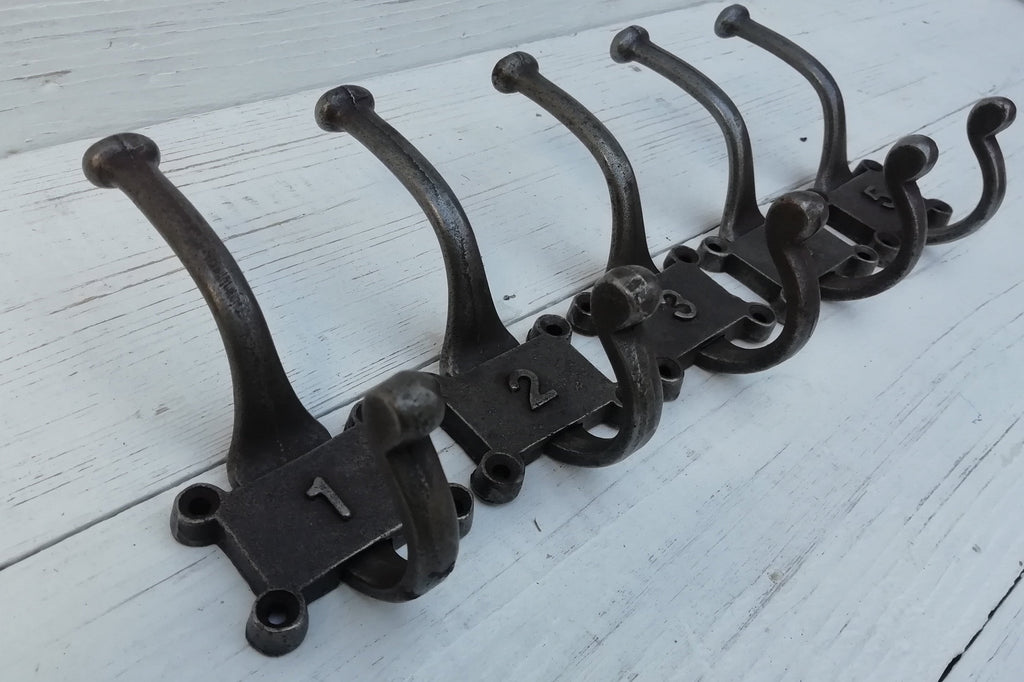 SET of 5 Retro Numbered Double Coat Hook Cast Iron in a Retro Antique Finish, No 1 - 5
