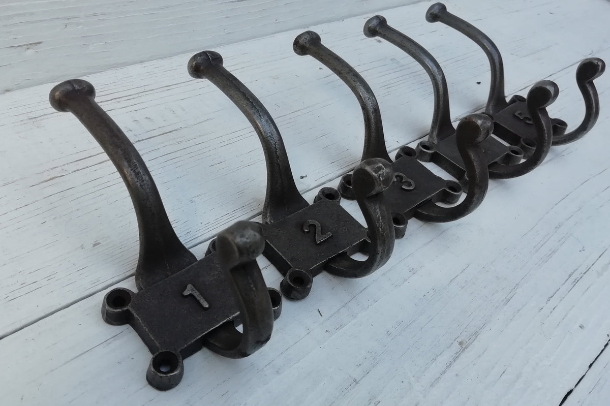 SET of 5 Retro Numbered Double Coat Hook Cast Iron in a Retro Antique Finish, No 1 - 5