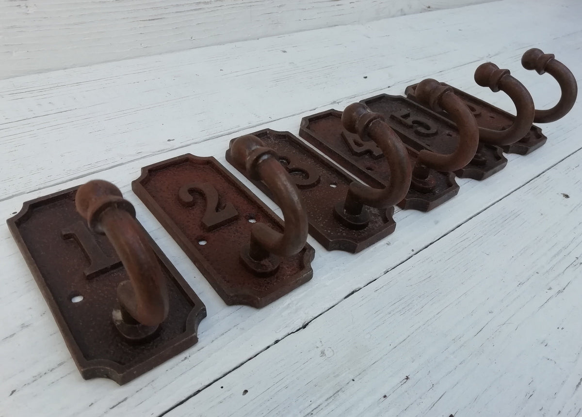 SET of 6 Retro Numbered Coat Hook Cast Iron in a Retro Antique Finish, No 1 - 6 rust
