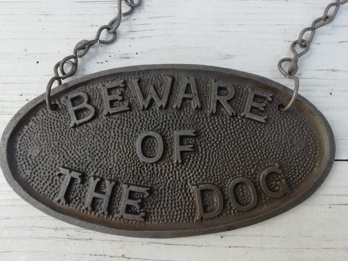 Cast Iron Beware of The Dog Plaque Sign with chain