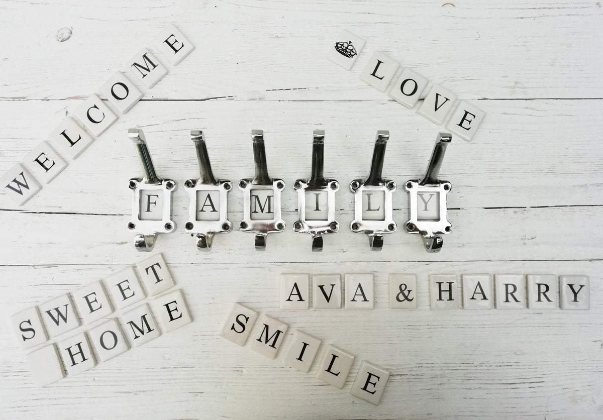 CHROME on Cast Iron hooks Locker hooks, Ceramic insert tiles, School/Cloakroom hooks antique, vintage A-Z 0-10 Numbers, Letters and Symbols