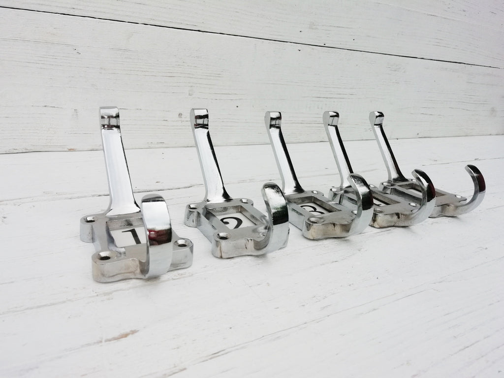 CHROME on Cast Iron hooks Locker hooks, Ceramic insert tiles, School/Cloakroom hooks antique, vintage A-Z 0-10 Numbers, Letters and Symbols