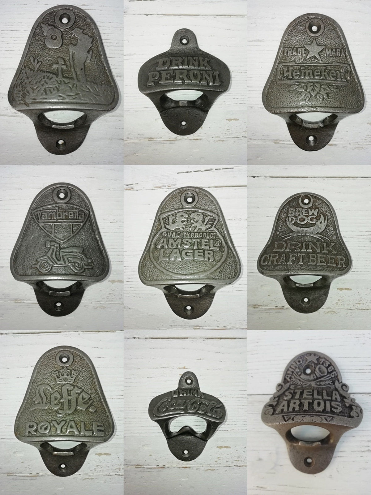 GIFT idea! Xmas Dad Bar MenCave Antique style iron wall mounted bottle openers: Coca-cola/ForgottenSoldier/Stella/Lager/Beer/Leffe etc.